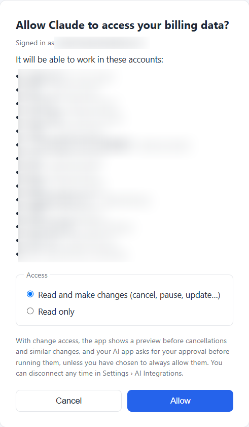 The approval page, where you choose Read and make changes or Read only