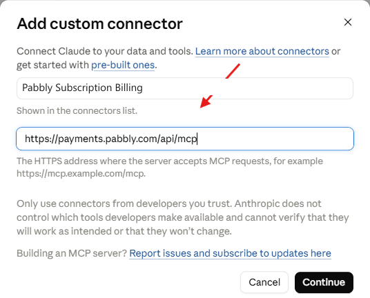 Add custom connector in Claude, with the name and the server URL filled in