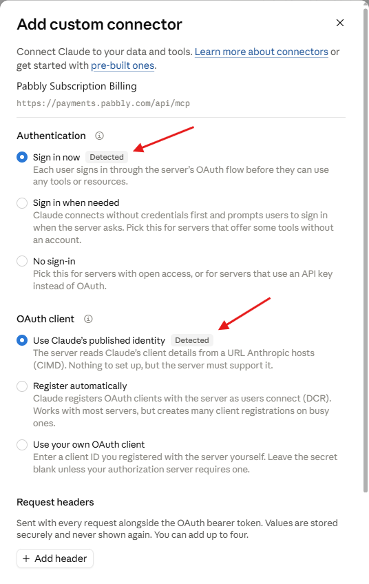 The options Claude detects: Sign in now, and Use Claude's published identity